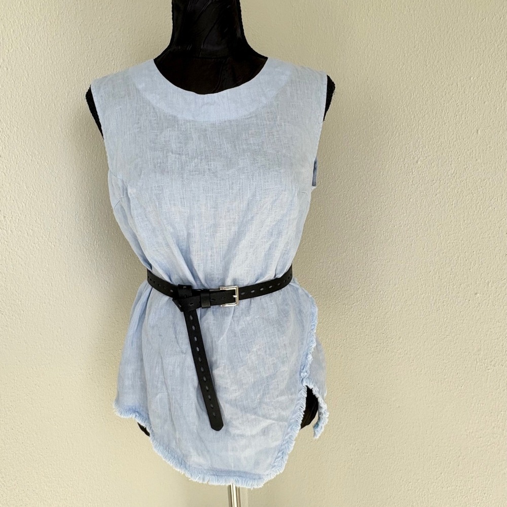 DKNY Frayed Hem Sleeveless 100% Linen Shell Top M Light Blue Coastal Summer